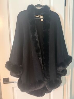 Soft Surrounding Winter Faux Fox Fur Trim Cardigan Loose Poncho Wrap